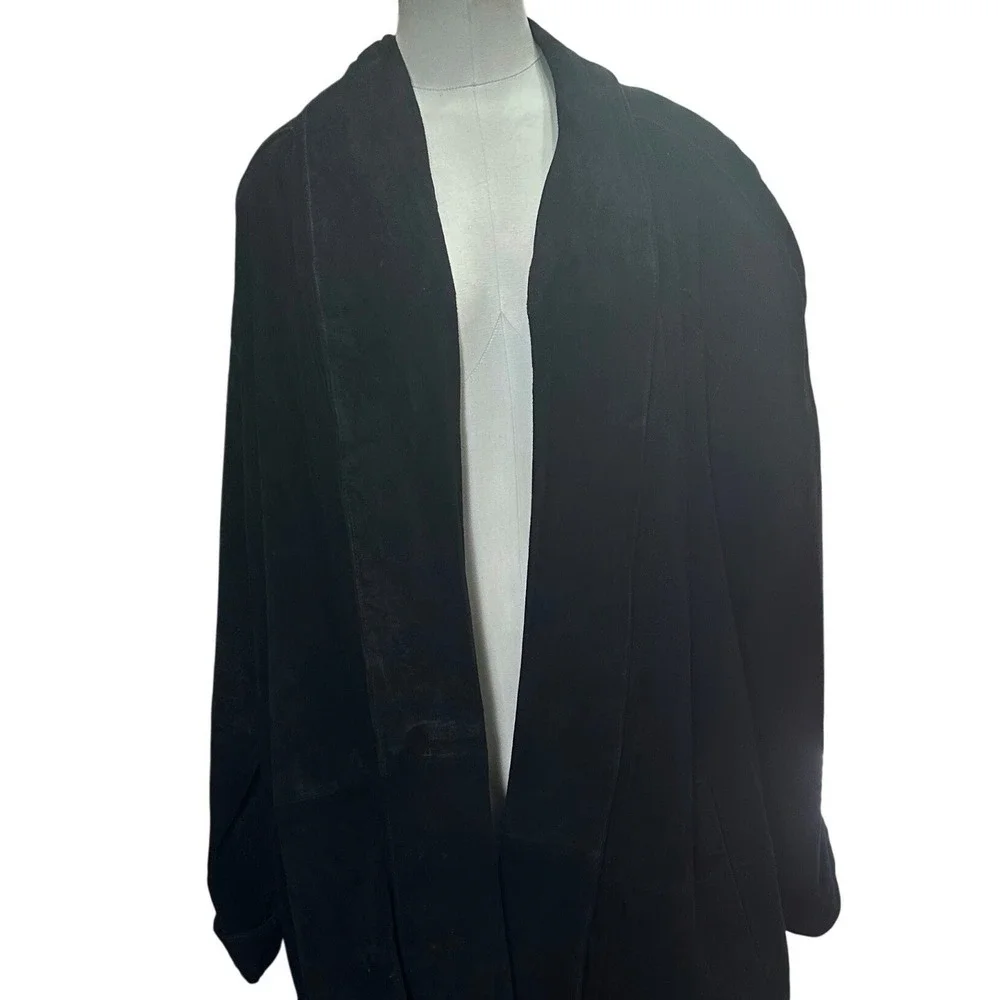 Jacqueline‎ Ferrar Vtg Duster Coat Women 2X Black Heavy Suede Leather Open Front
